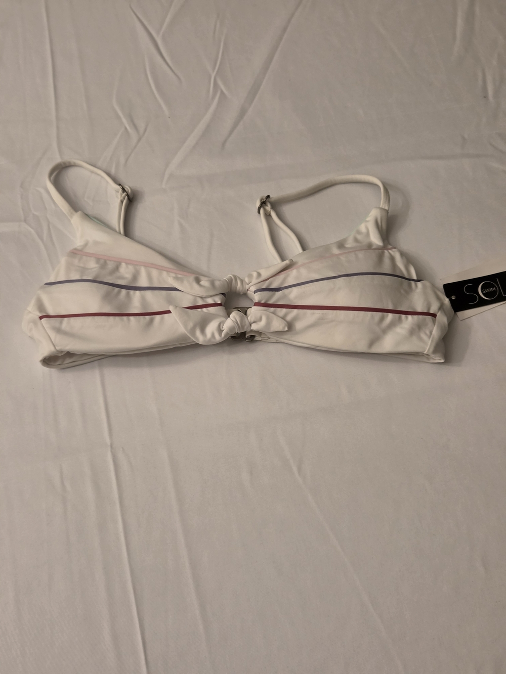 Soluna Swim White Striped Knot-Front  Bikini Top